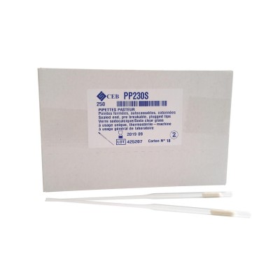 Pipette Pasteur pointe fermée cotonnée en verre sodocalcique